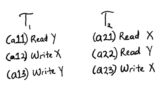 Sample Transactions T<sub>1</sub>  and T<sub>2</sub> where T<sub>1</sub>  has steps a11, a12, a13 and T<sub>2</sub> has a21, a22 and a23
